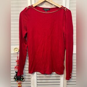 Ralph Lauren Solid Red Long Sleeve Top With Gold Trim/Buttons Size L